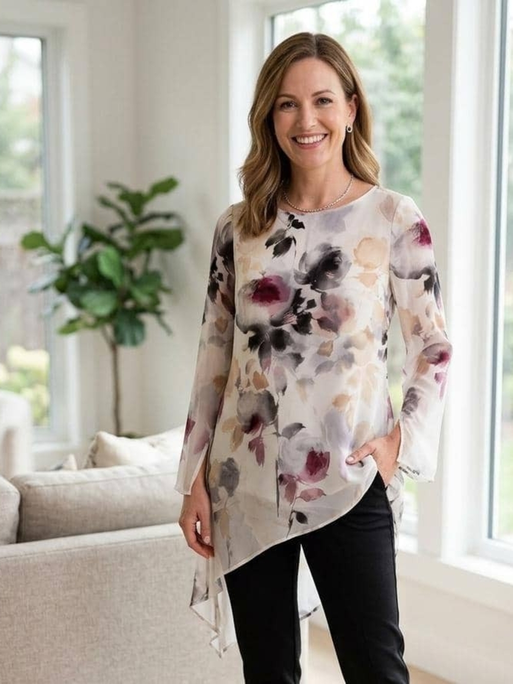 White House Black Market Floral Sheer Asymmetric Tunic in White with Pink & Gray
